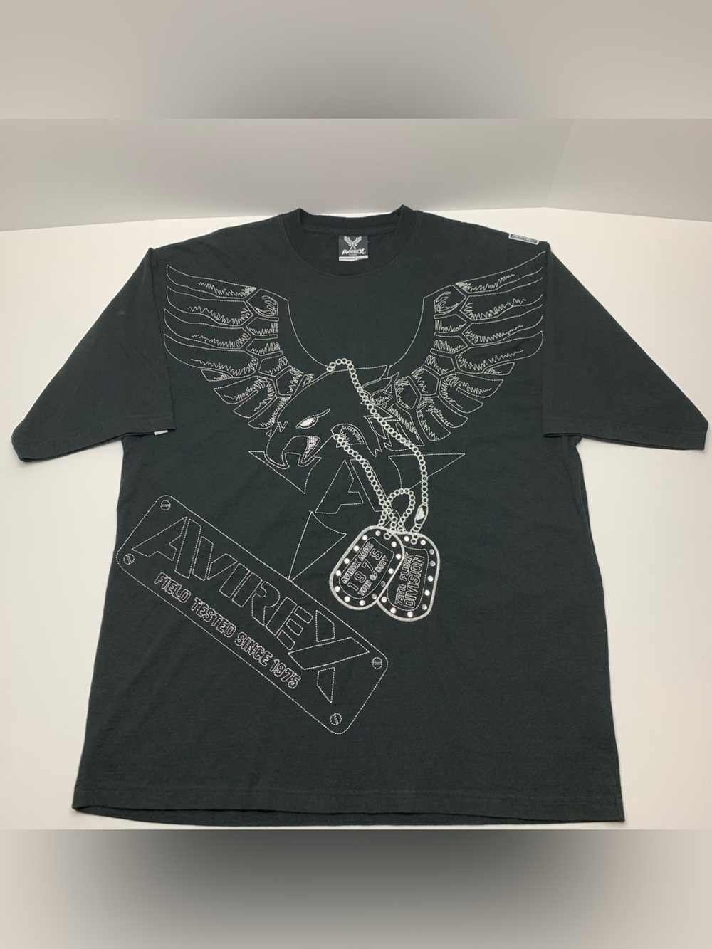 Vintage Avirex T-Shirt Y2k Eagle Dog Tag Black Oversized Tee Mens Size 3XL